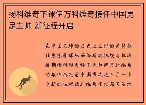 扬科维奇下课伊万科维奇接任中国男足主帅 新征程开启